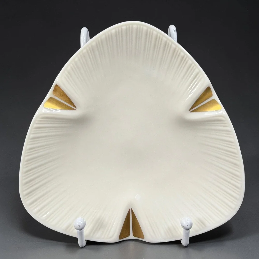 Lenox Vintage Porcelain Triangular Ashtray Trinket Dish Gold Trim Ivory Cream